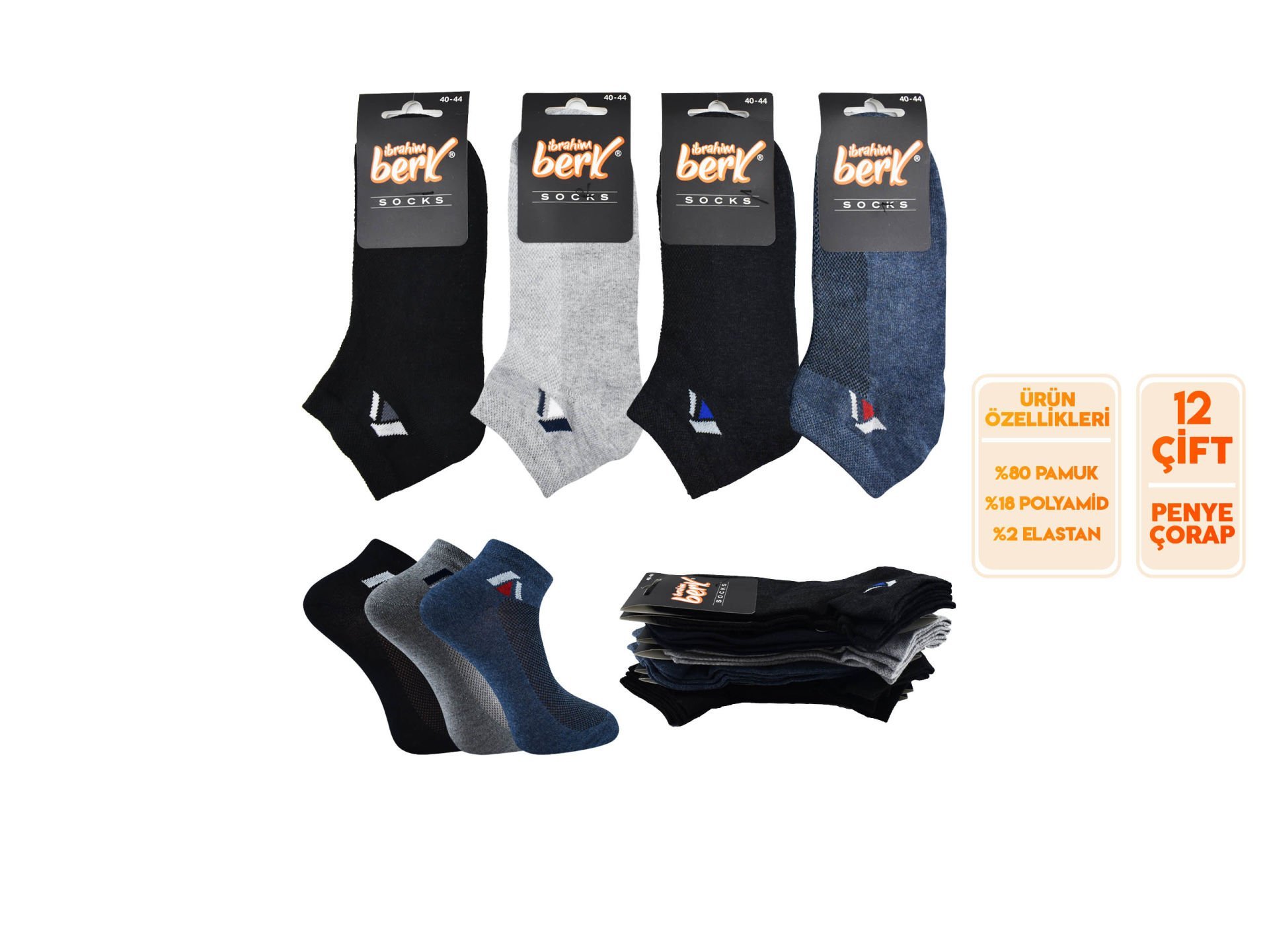 İbrahim Berk 11-36 Erkek Likralı Patik Çorap 12'li