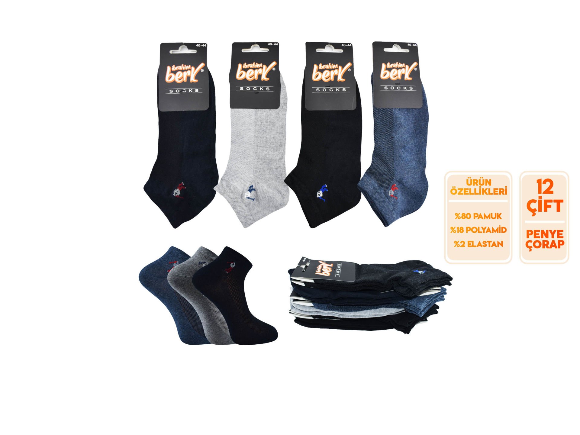 İbrahim Berk 11-35 Erkek Likralı Patik Çorap 12'li