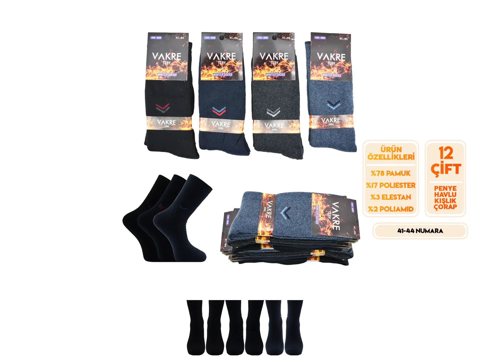 Vakre 9618-18 (41-44) Erkek Penye Havlu Kışlık Çorap 12'li