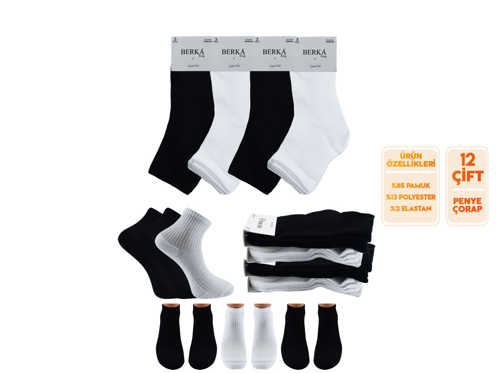 Berka Taban Altı Havlu Dikişsiz Erkek Spor Patik Çorap 12'li