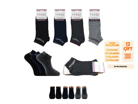 Vakre 9113-6 (41-44 NO) Erkek Penye Likralı Patik Çorap 12'li