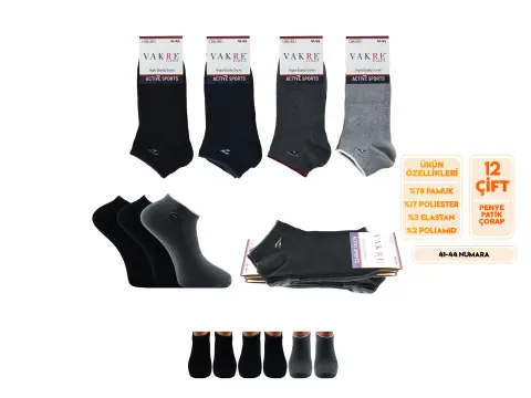 Vakre 9113-7 (41-44 NO) Erkek Penye Likralı Patik Çorap 12'li