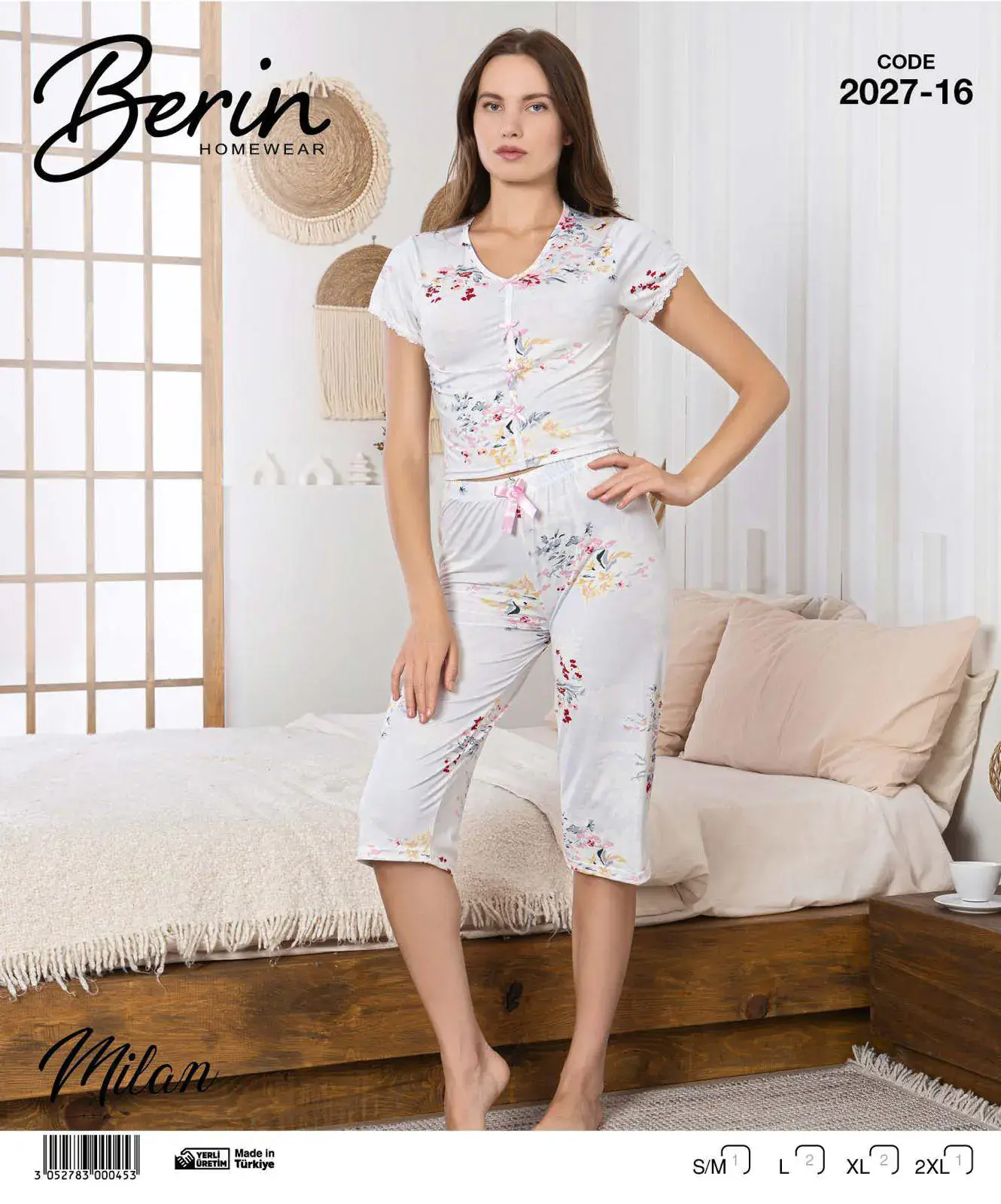 Berin 2027-16 (M-L-XL-XXL) Bayan Krop Kısa Kollu Milan Kapri Pijama Takımı 6'lı