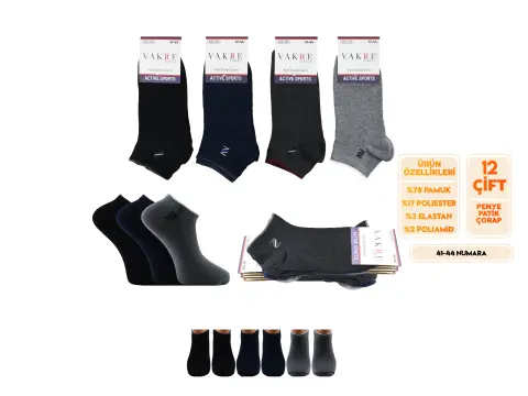 Vakre 9113-8 (41-44 NO) Erkek Penye Likralı Patik Çorap 12'li