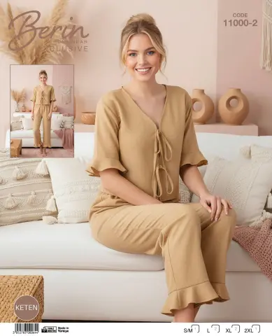 Berin 11000-2 (M-L-XL-XXL) Bayan Kısa Kollu Keten Pijama Takımı 6'lı