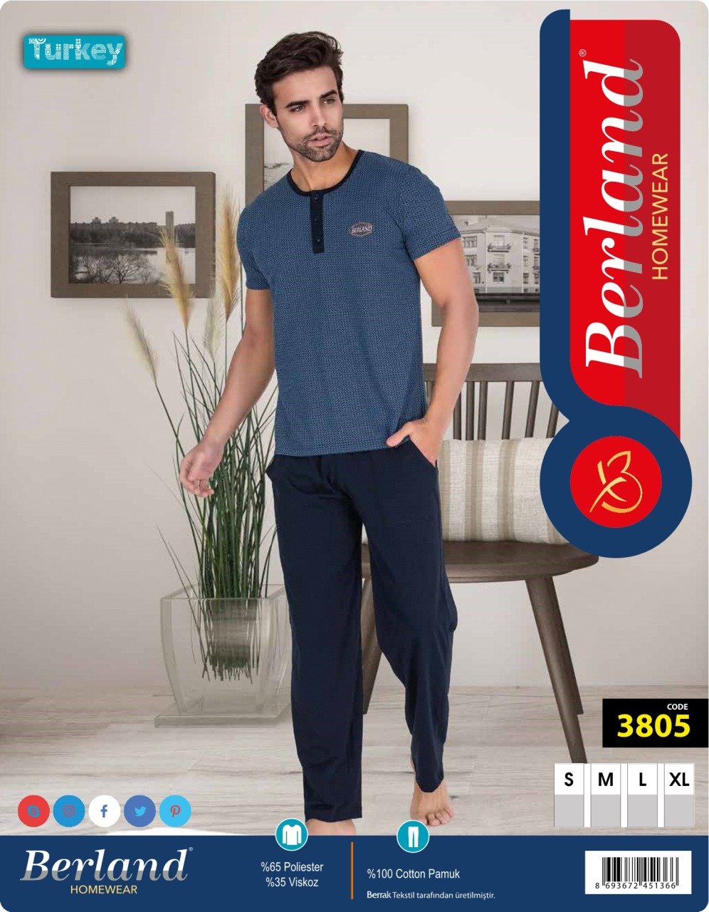 Berland 3805 Erkek Modal Kısa Kol Pijama Takımı KATALOG RENGİ - L