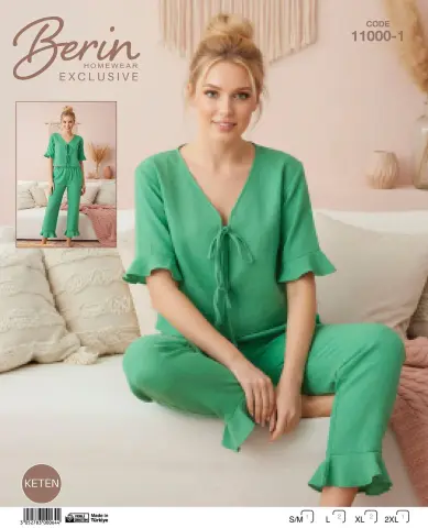 Berin 11000-1 (M-L-XL-XXL) Bayan Kısa Kollu Keten Pijama Takımı 6'lı
