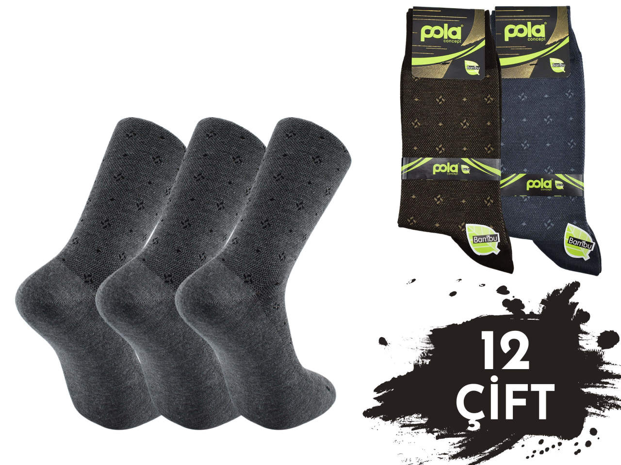 Pola 1513 Dört Mevsim Likralı Erkek Bambu Çorap 12'li