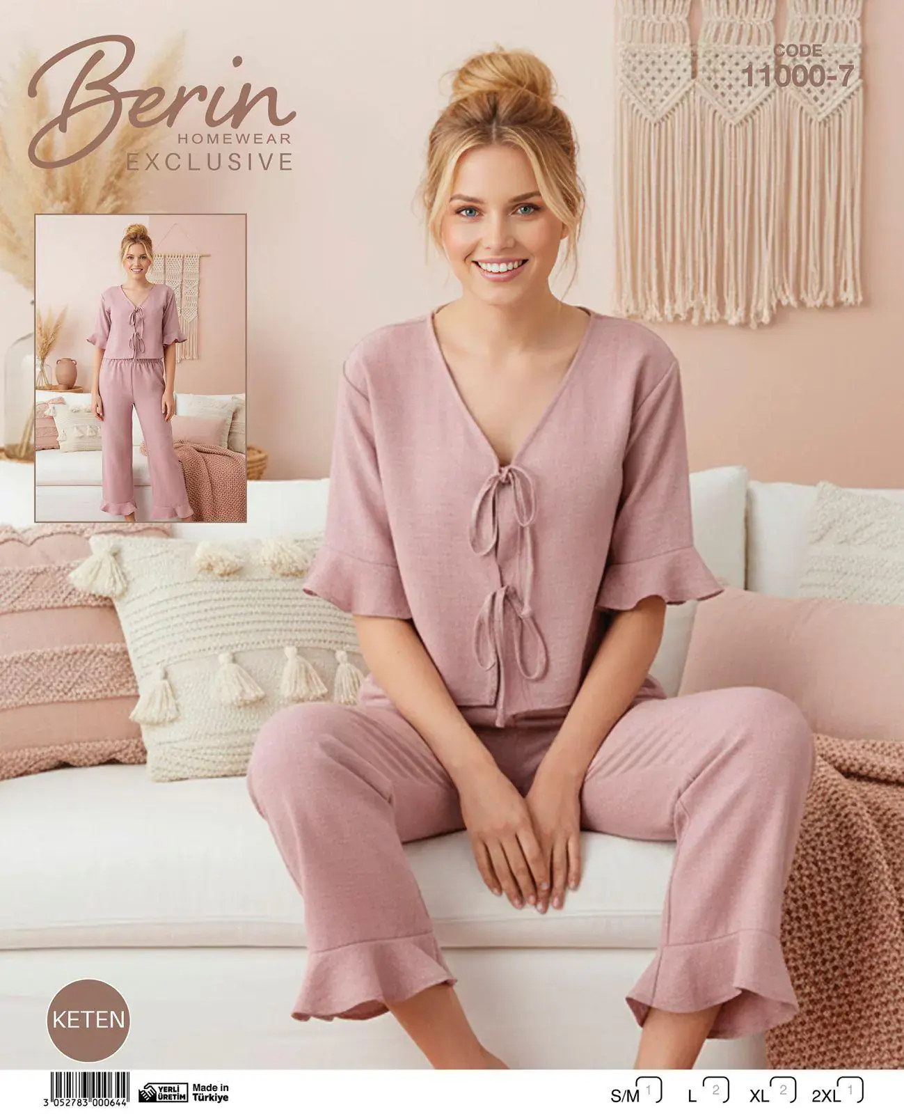 Berin 11000-7 (M-L-XL-XXL) Bayan Kısa Kollu Keten Pijama Takımı 6'lı