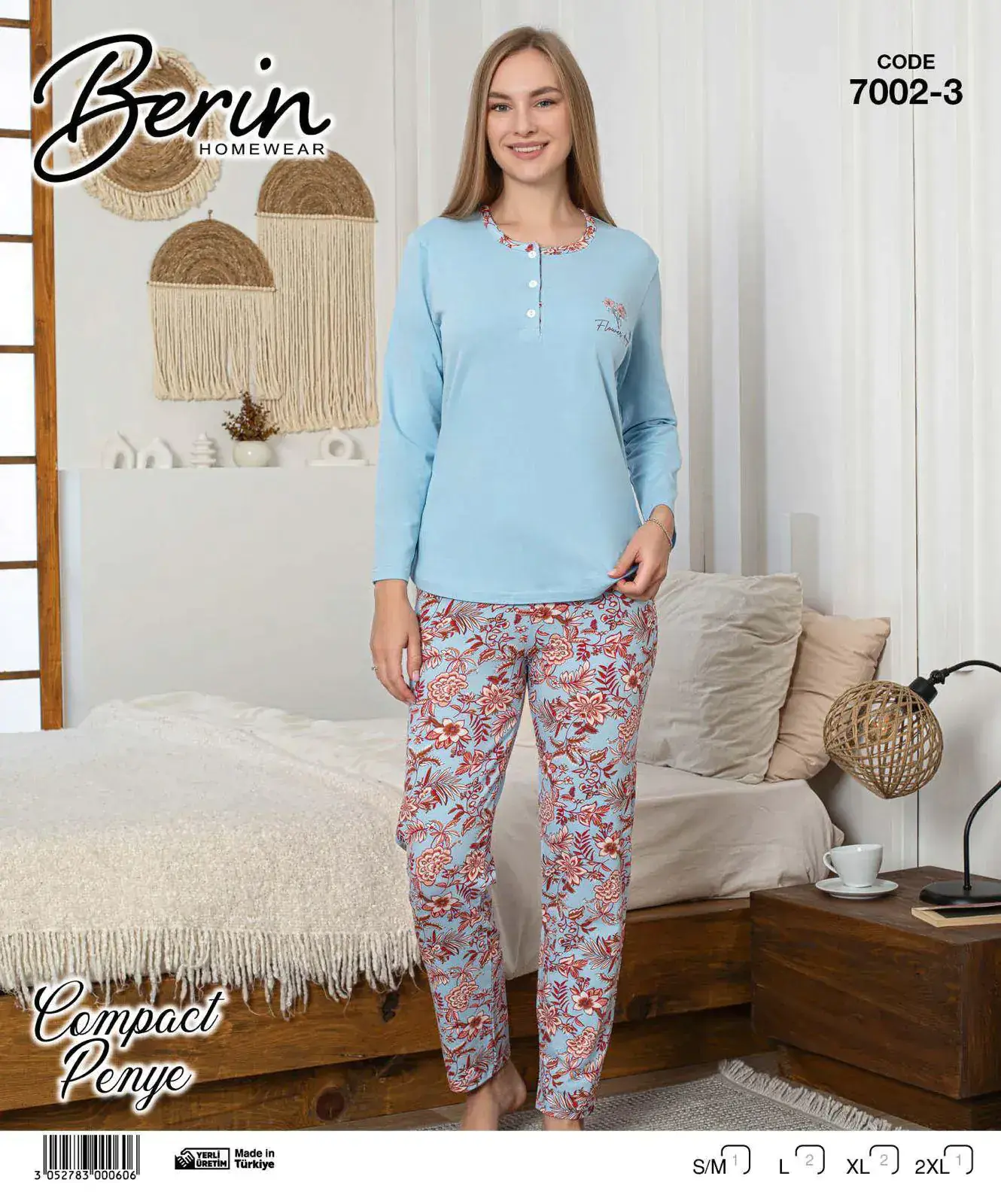 Berin 7002-3 (M-L-XL-XXL) Bayan Uzun Kollu Kompak Pijama Takımı 6'lı