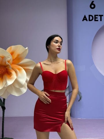 Cansoy 687 Kırmızı Baskılı Simli Balenli Destekli Bustiyer Sütyen Takım 6'lı