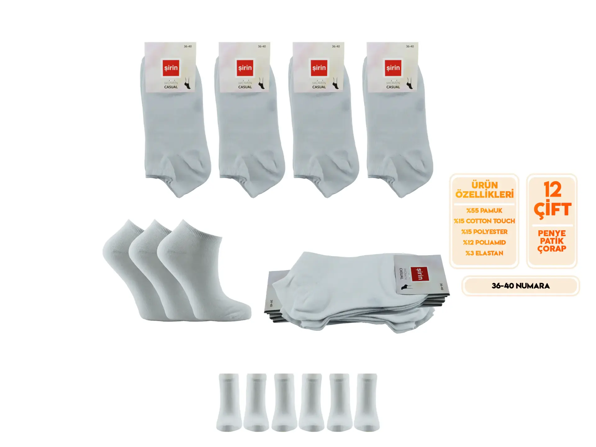 Şirin 4060-5 (36-40) Bayan  Penye Patik Çorap 12'li BEYAZ - 36-40 NO
