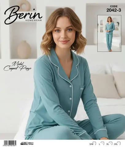 Berin 2042-3 (M-L-XL-XXL) Bayan Uzun Kollu Kompak Pijama Takımı 6'lı