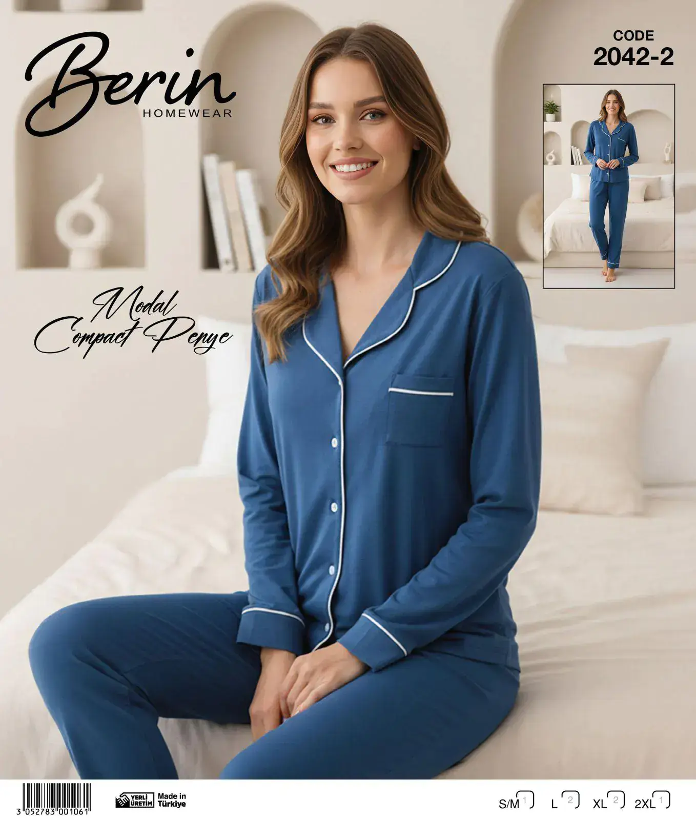 Berin 2042-2 (M-L-XL-XXL) Bayan Uzun Kollu Kompak Pijama Takımı 6'lı