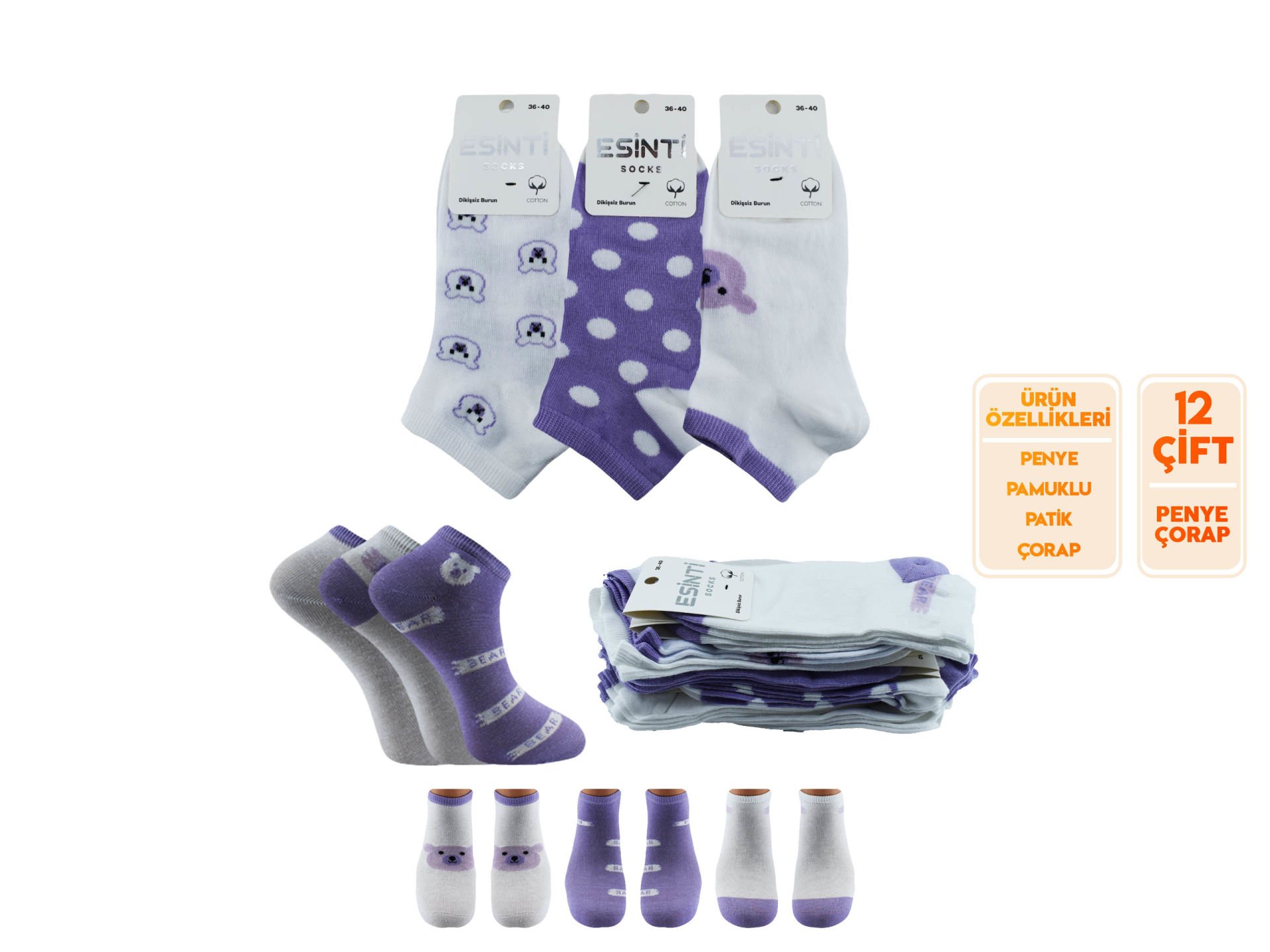 Esinti 30-5 Naturel Pamuk Dikişsiz Bayan Patik 12'li