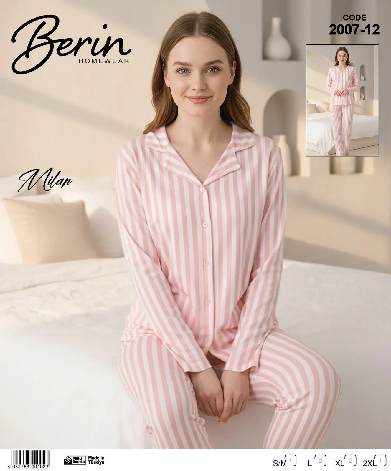 Berin 2007-12 (M-L-XL-XXL) Bayan Uzun Kollu Milan Pijama Takımı 6'lı