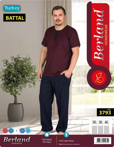 Berland 3793 Erkek Modal Kısa Kol Battal Pijama Takımı