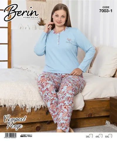 Berin 7003-1 (3XL-4XL-5XL) Bayan Battal Uzun Kollu Kompak Pijama Takımı 6'lı