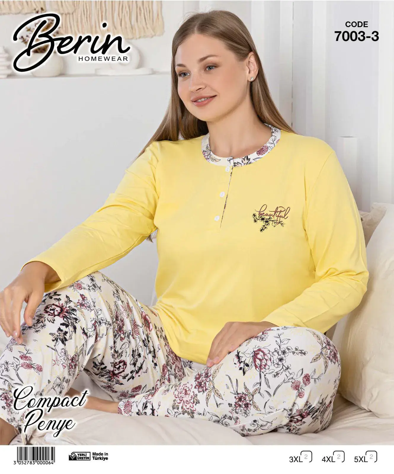 Berin 7003-3 (3XL-4XL-5XL) Bayan Battal Uzun Kollu Kompak Pijama Takımı 6'lı