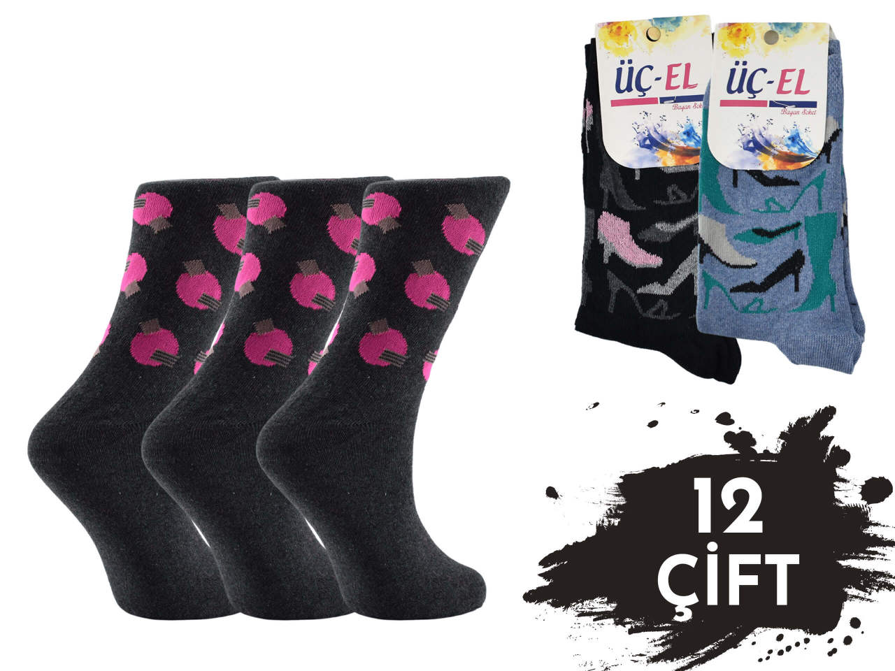 Üçel Ekonomik Desenli Bayan Soket Çorap 12'li