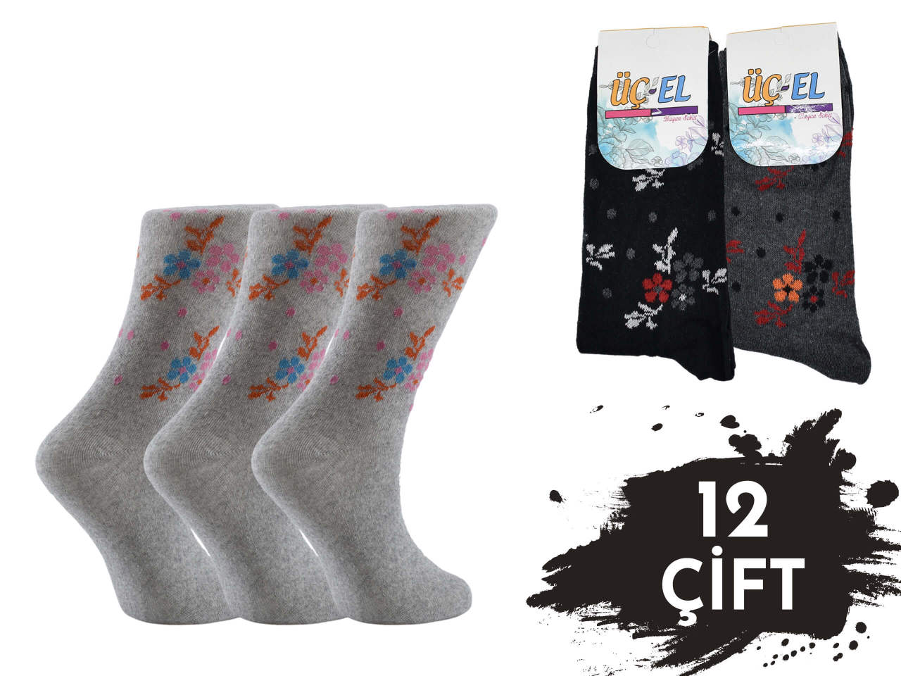 Üçel Ekonomik Desenli Bayan Soket Çorap 12'li