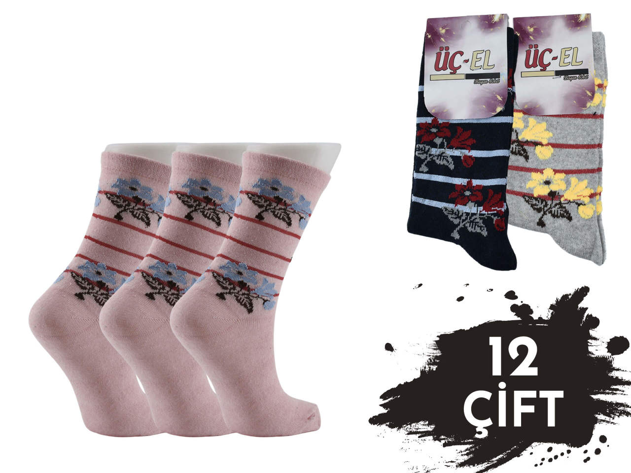 Üçel Ekonomik Desenli Bayan Soket Çorap 12'li