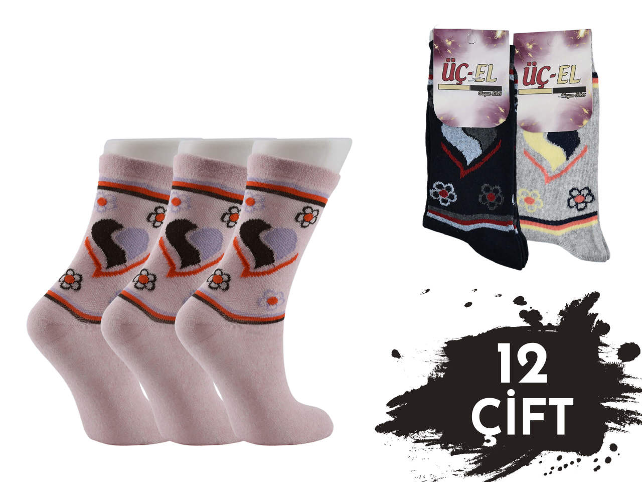 Üçel Ekonomik Desenli Bayan Soket Çorap 12'li