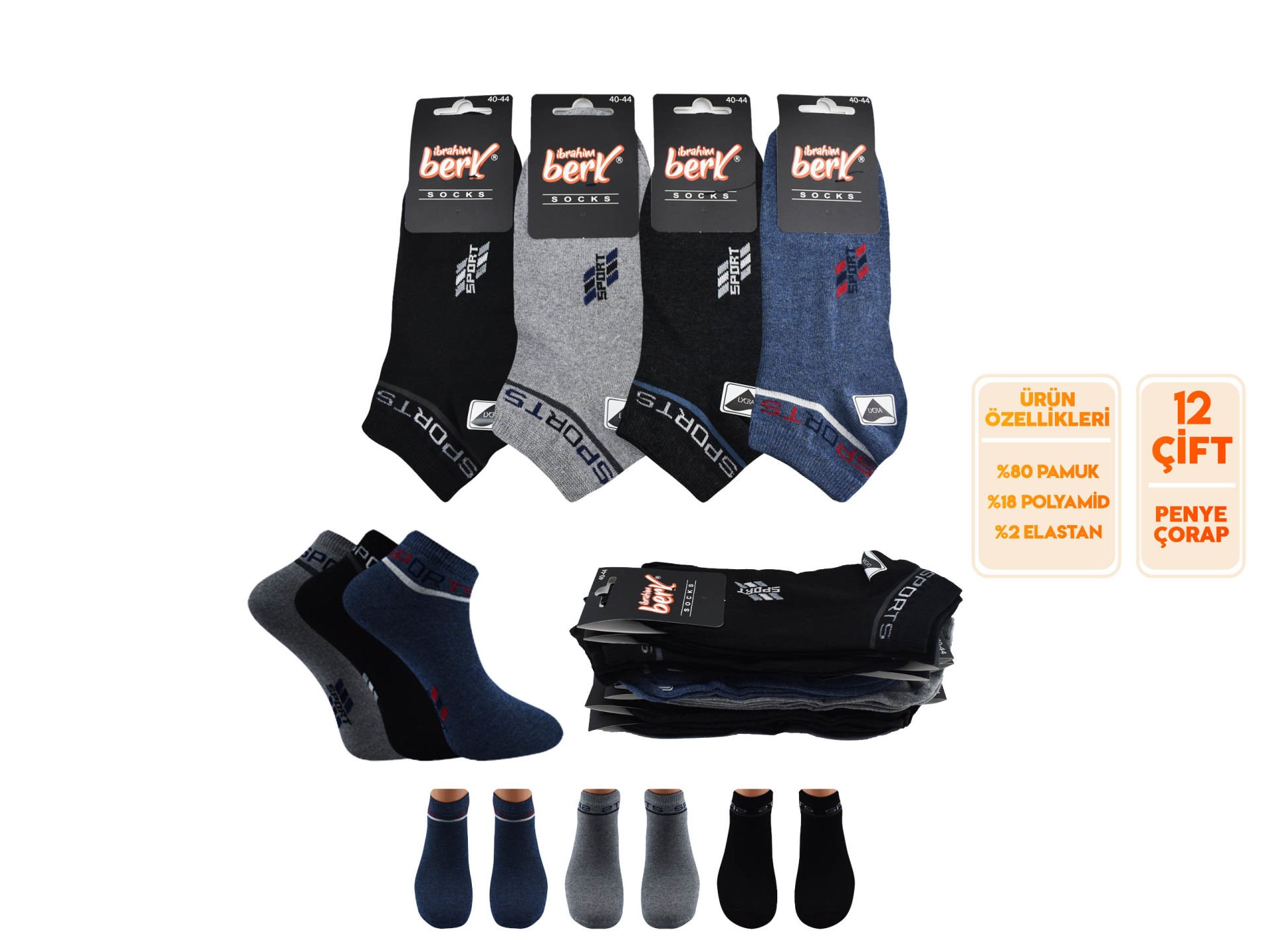 İbrahim Berk 11-46 Erkek Likralı Patik Çorap 12'li