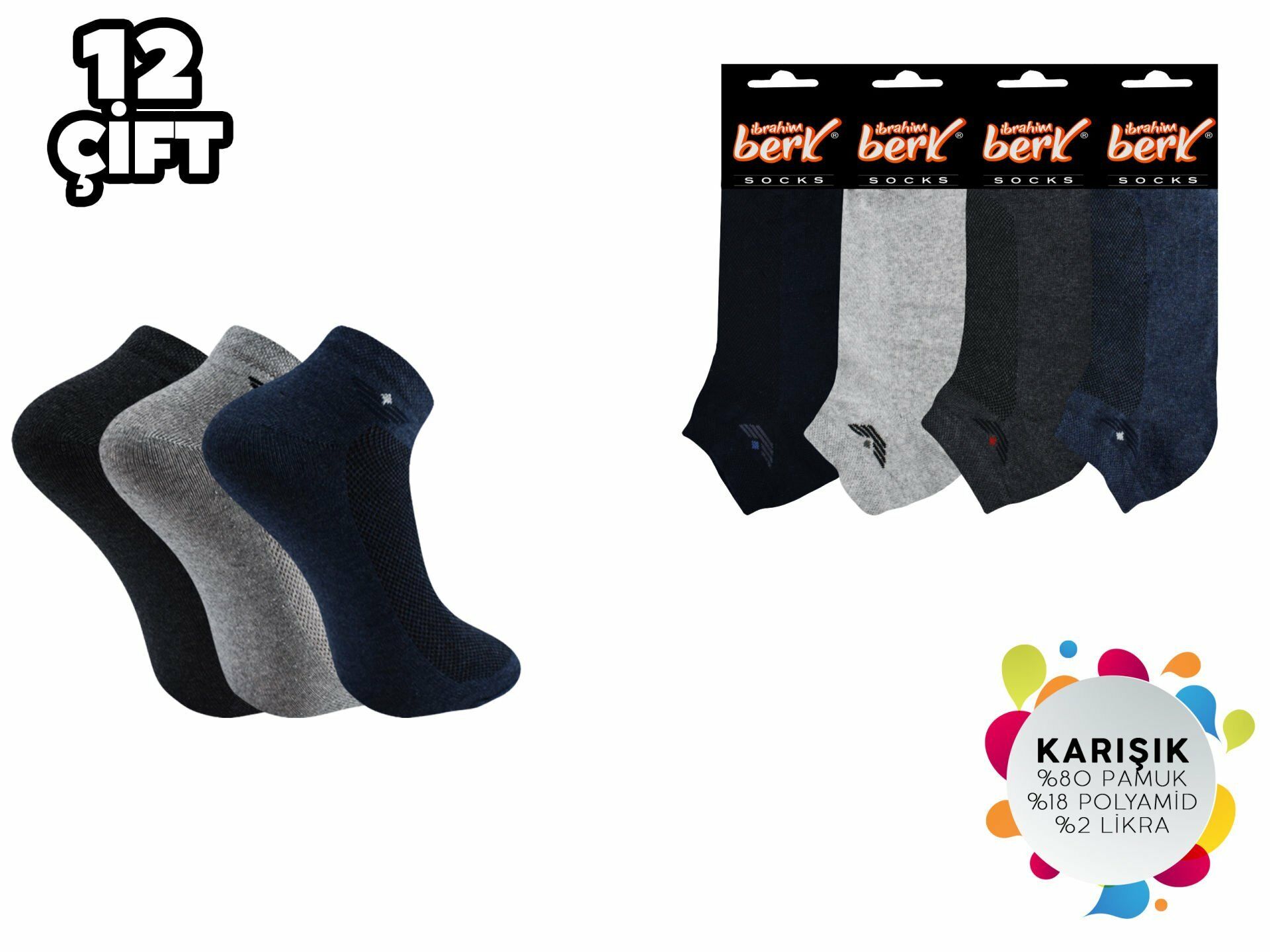 İbrahim Berk 11-12 Erkek Likralı Patik Çorap 12'li