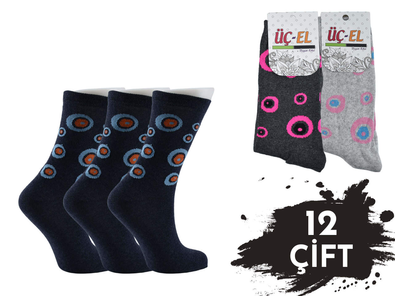 Üçel Ekonomik Desenli Bayan Soket Çorap 12'li