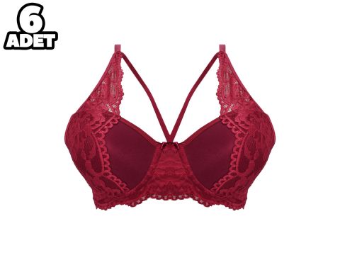 Liza 1025 Bordo Balenli Destekli Yarı Dantelli Çapraz Askılı Bayan Sütyen 6'lı