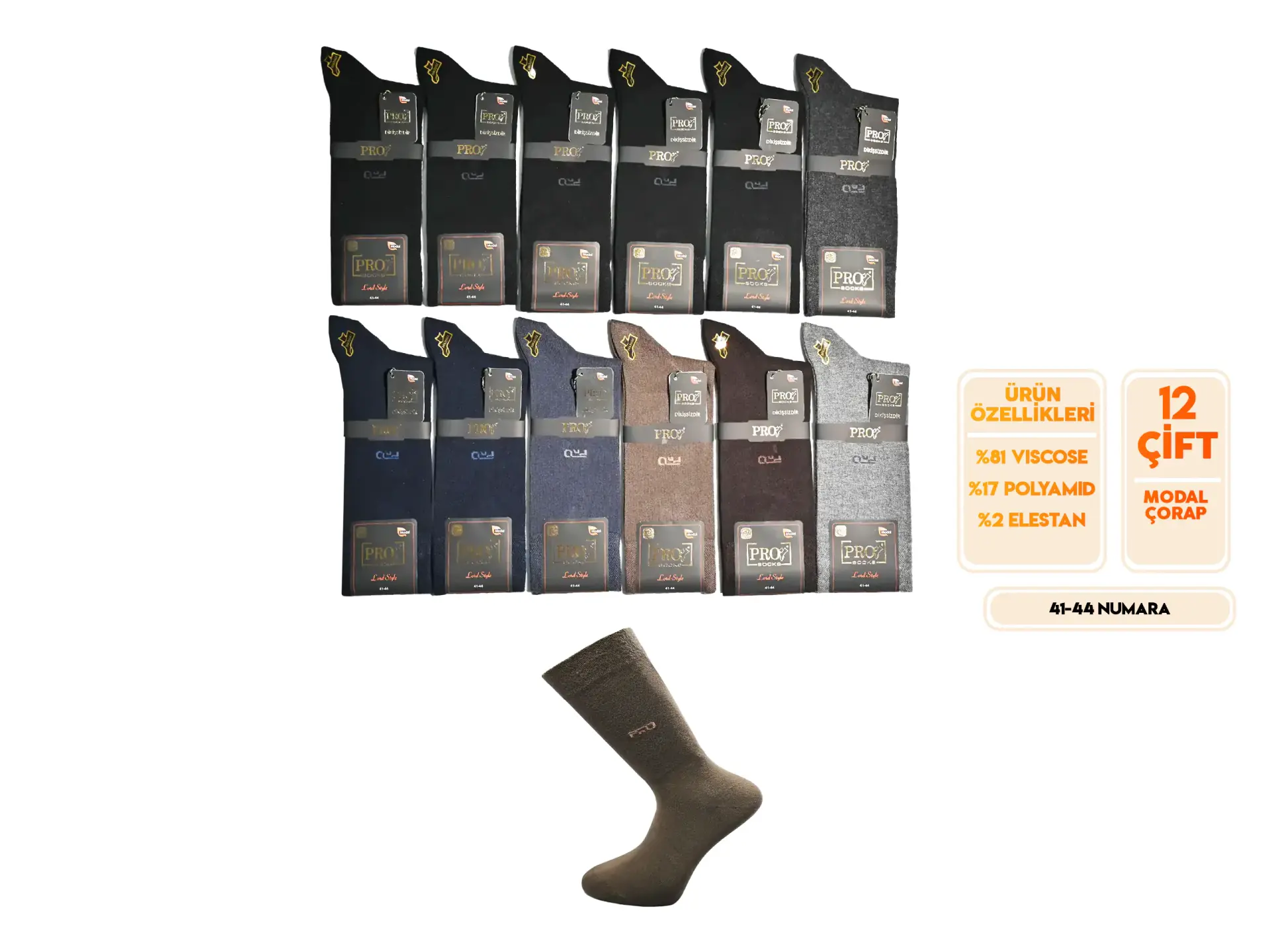 Pro 18661 (41-44) Dikişsiz Modal Erkek Çorap 12'li
