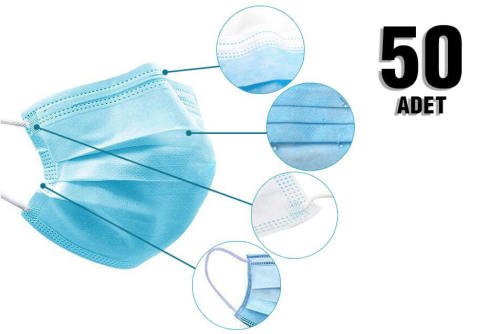 3 Katlı İnce Lastikli Yumuşak Maske 50'li