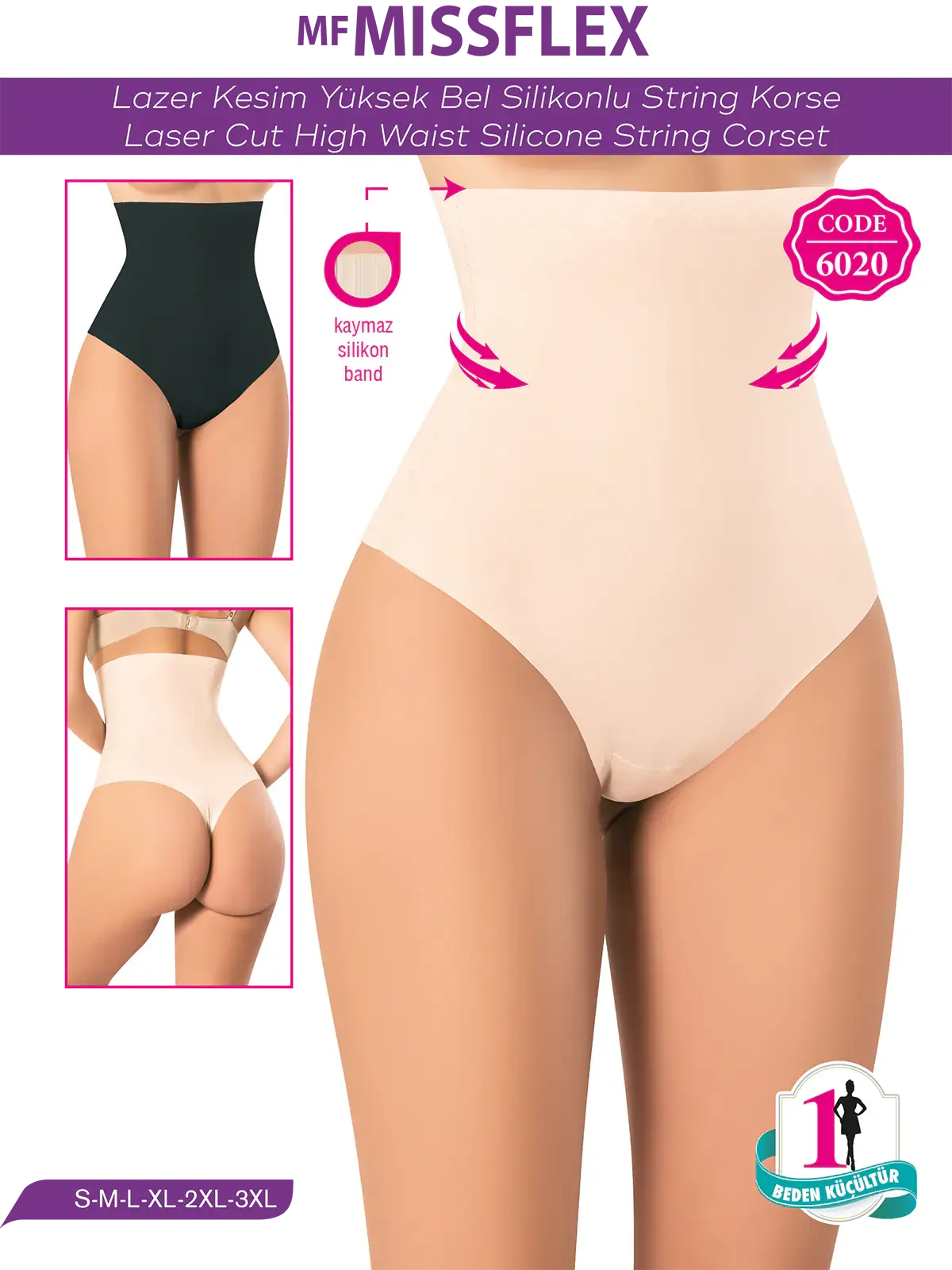 MF MISS FLEX 6020 Lazer Kesim Yüksek Bel Silikonlu String Korse