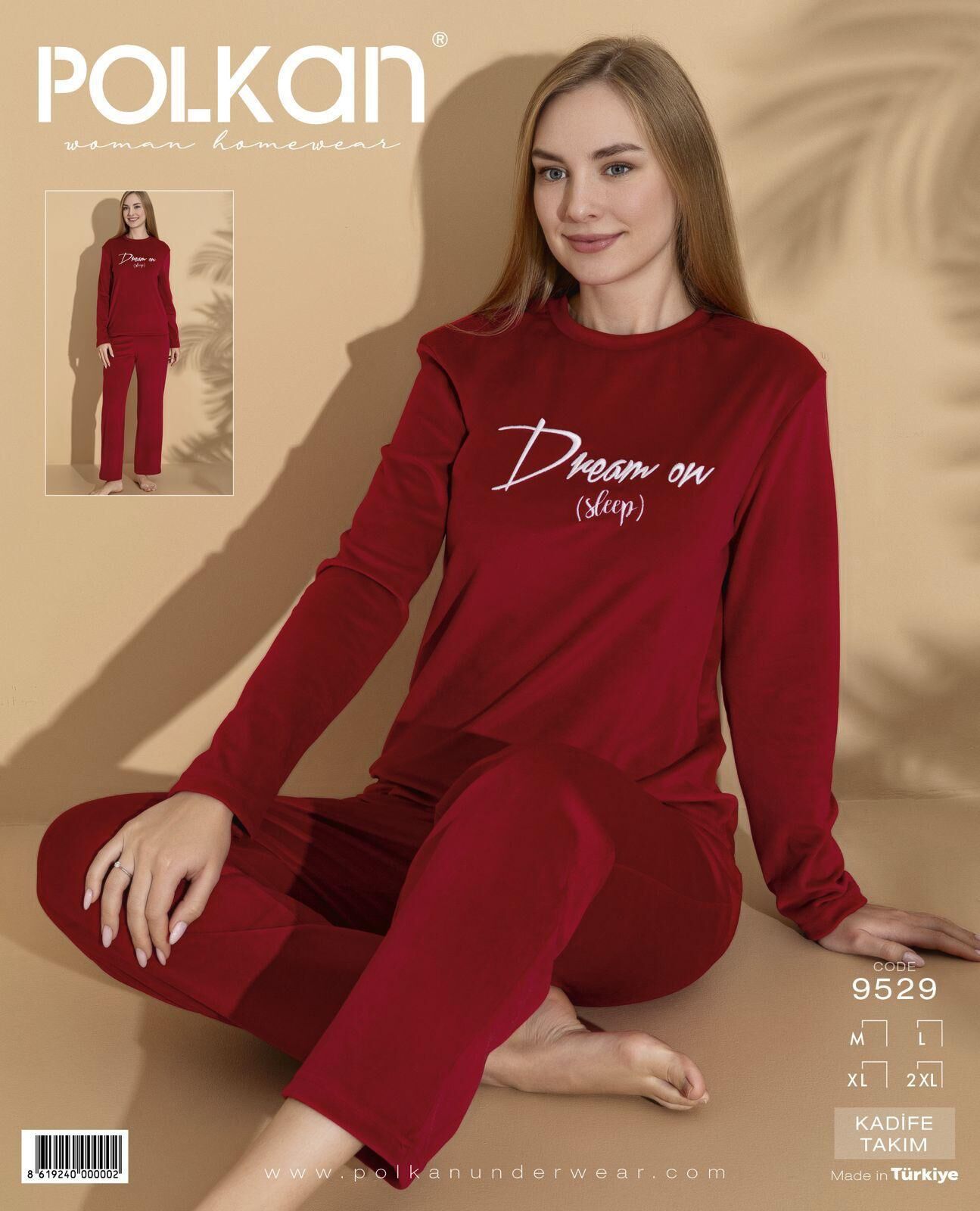 Polkan 9529 (M-L-XL-XXL) Kadife Uzun Kollu Bayan Pijama Takım 4'lü