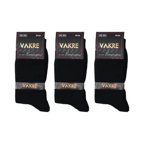 Vakre 9014-Düz Siyah Erkek Penye Likralı Çorap 12'li