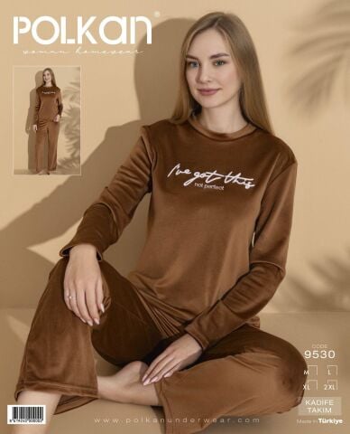 Polkan 9530 (M-L-XL-XXL) Kadife Uzun Kollu Bayan Pijama Takım 4'lü