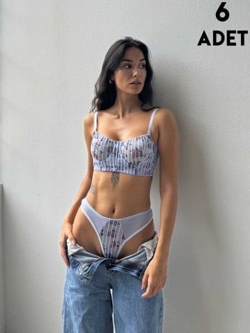 Cansoy 693 Mavi Çiçekli Kapsız Balenli Desteksiz Sütyen Takım 6'lı