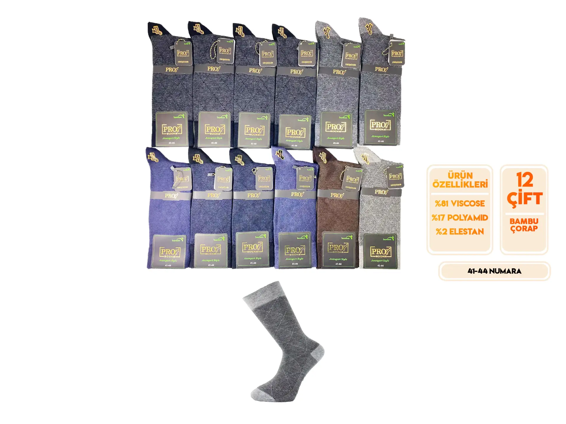 Pro 17637 (41-44) Dikişsiz Bambu Erkek Çorap 12'li