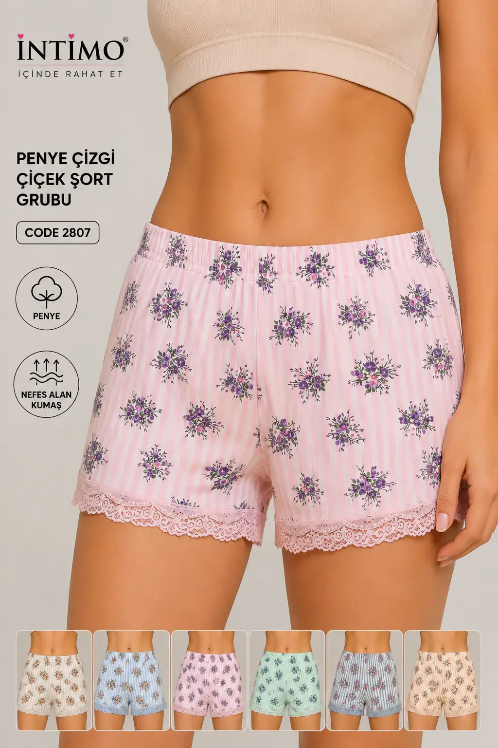 İntimo 2807 (S-M-L-XL) Penye Likralı Çizgi Desenli Bayan Şort 6'lı