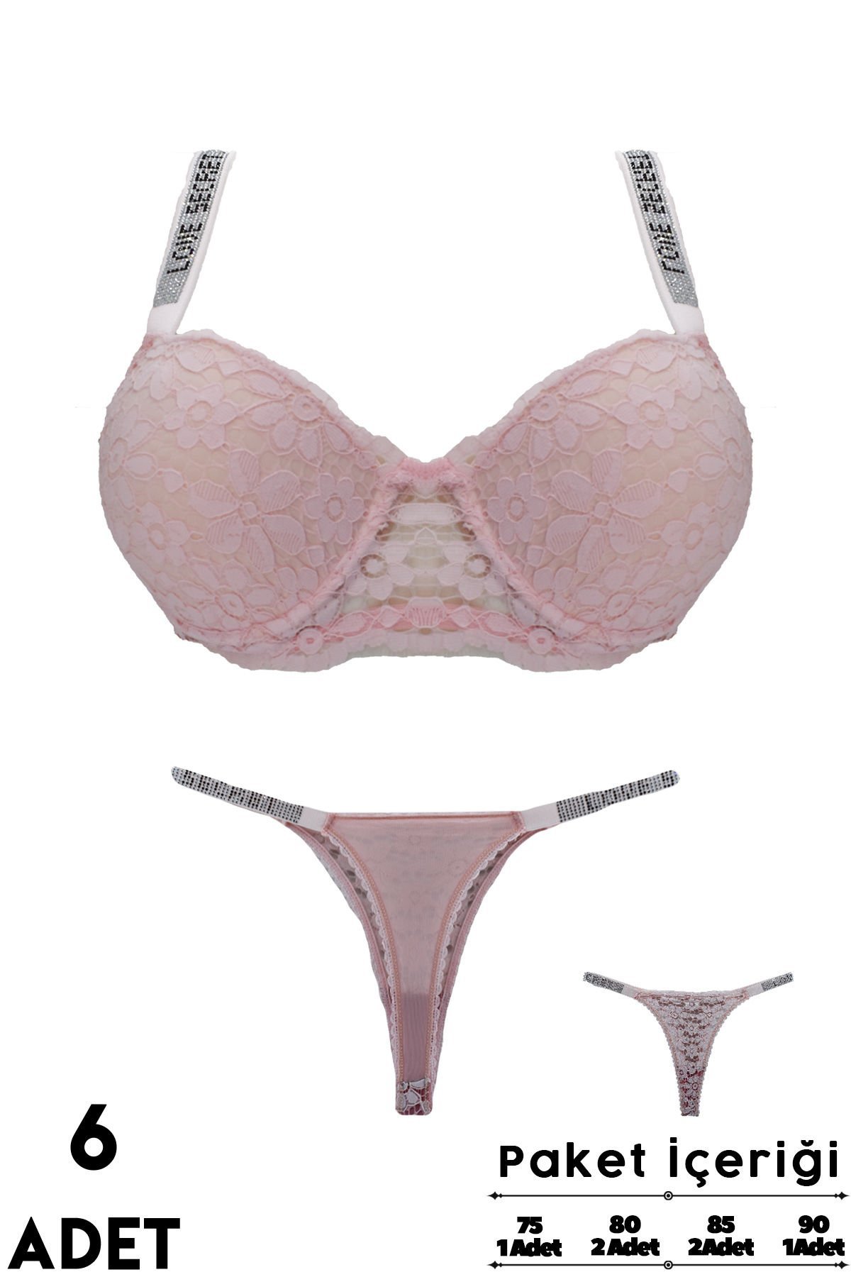 Love Secret 3-4 B Cup Balenli Destekli Taşlı Dantelli Bayan Sütyen Takım 6'lı