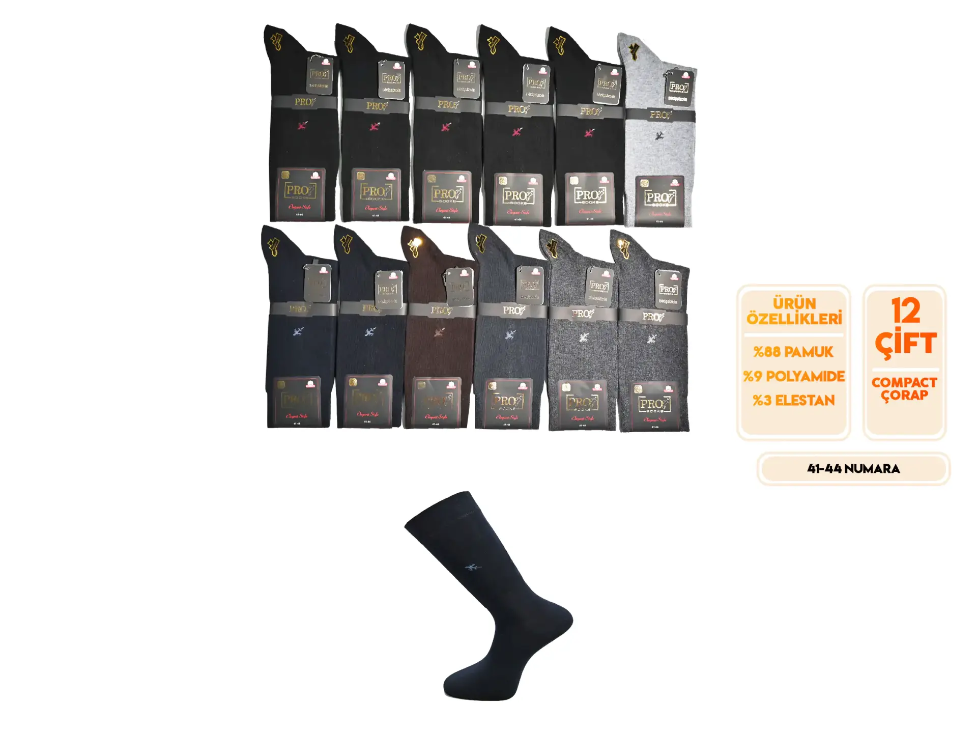 Pro 16640 (41-44) Dikişsiz Compact Erkek Çorap 12'li