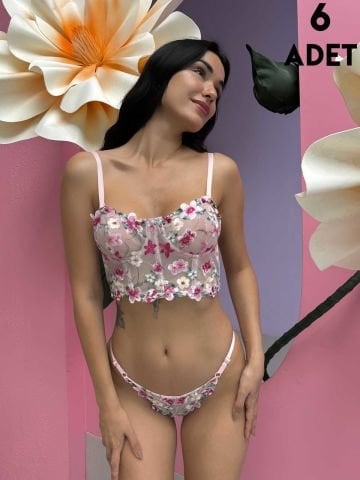 Cansoy 684 Pembe Çiçekli Balenli Desteksiz Bustiyer Takım 6'lı