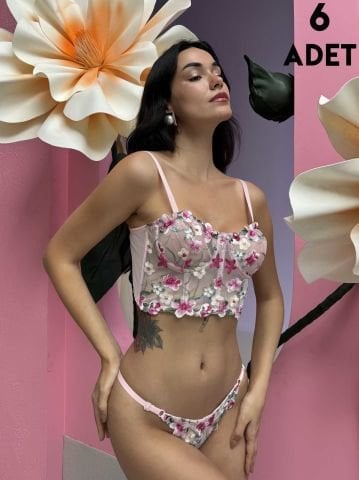 Cansoy 684 Pembe Çiçekli Balenli Desteksiz Bustiyer Takım 6'lı