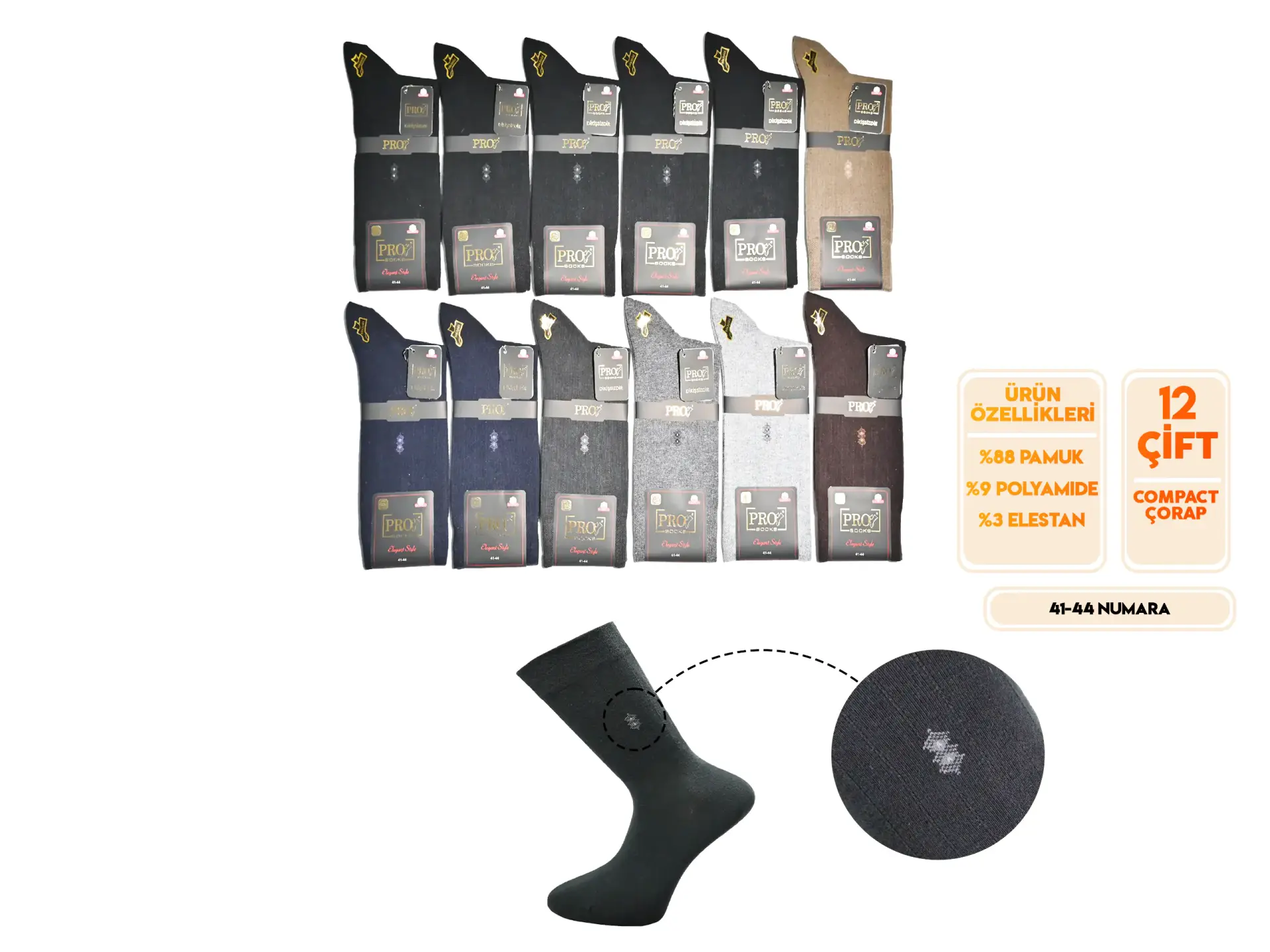 Pro 16661 (41-44) Dikişsiz Compact Erkek Çorap 12'li