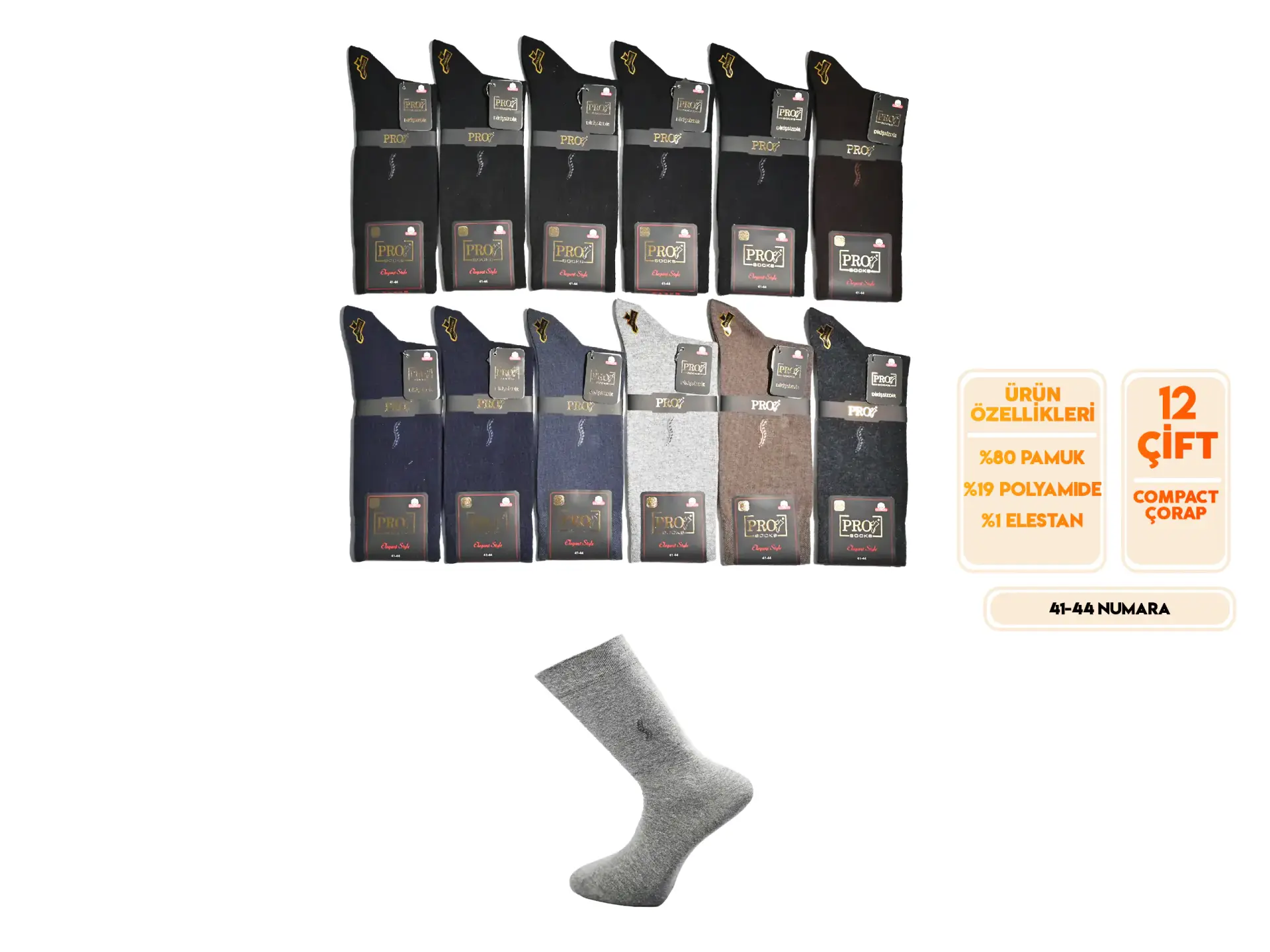Pro 16669 (41-44) Dikişsiz Compact Erkek Çorap 12'li