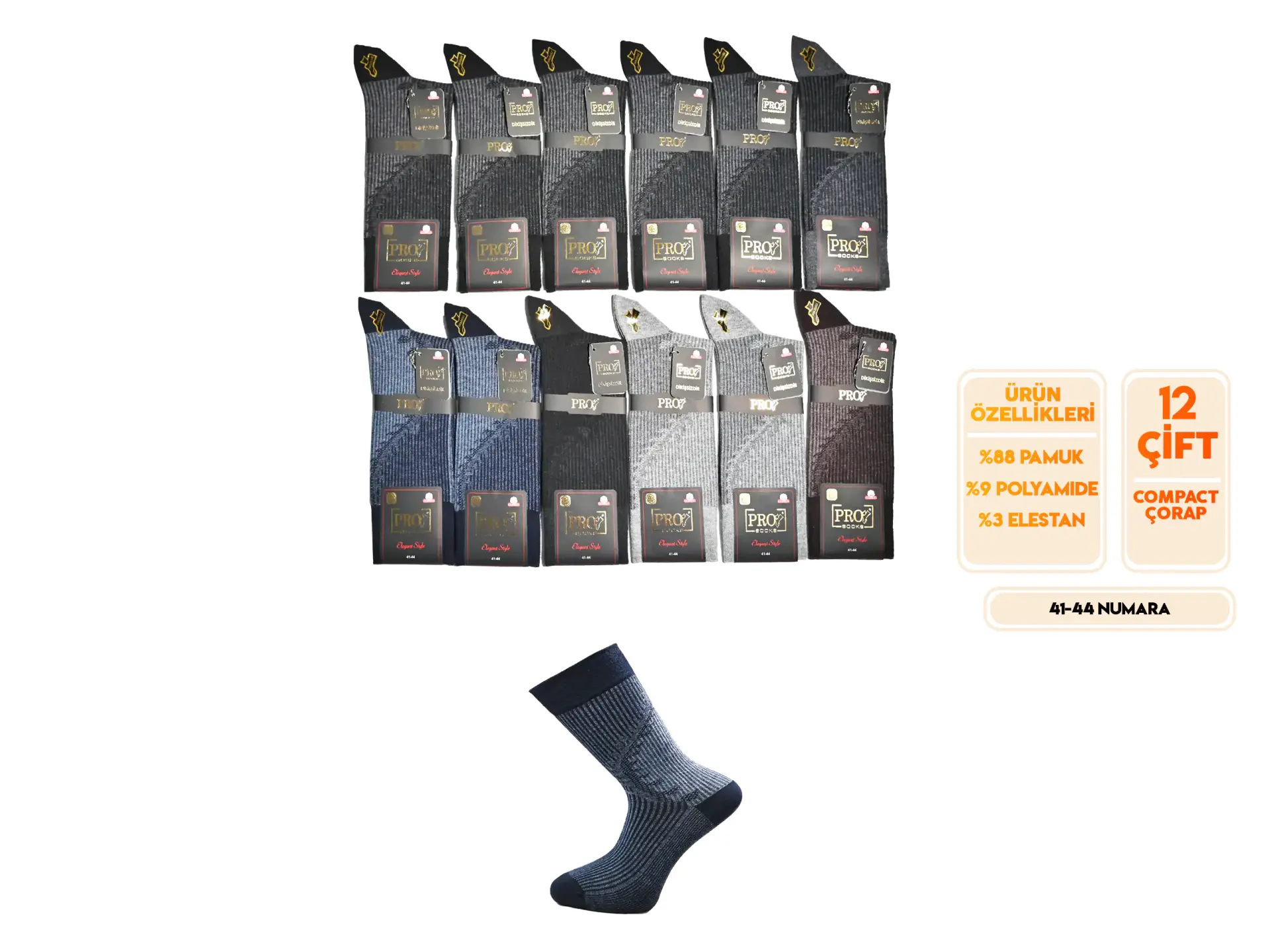 Pro 16664 (41-44) Dikişsiz Compact Erkek Çorap 12'li