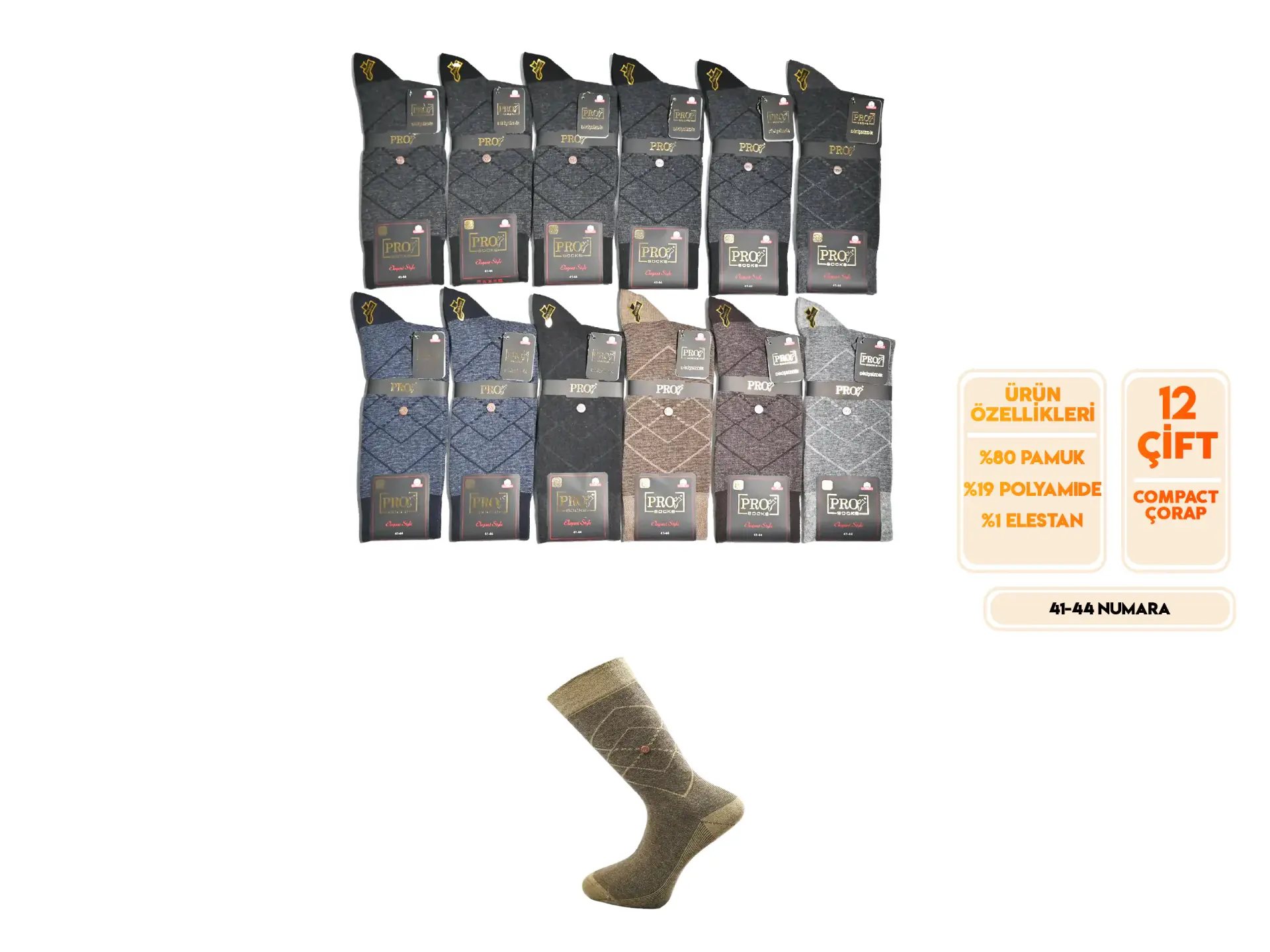 Pro 16611 (41-44) Dikişsiz Compact Erkek Çorap 12'li