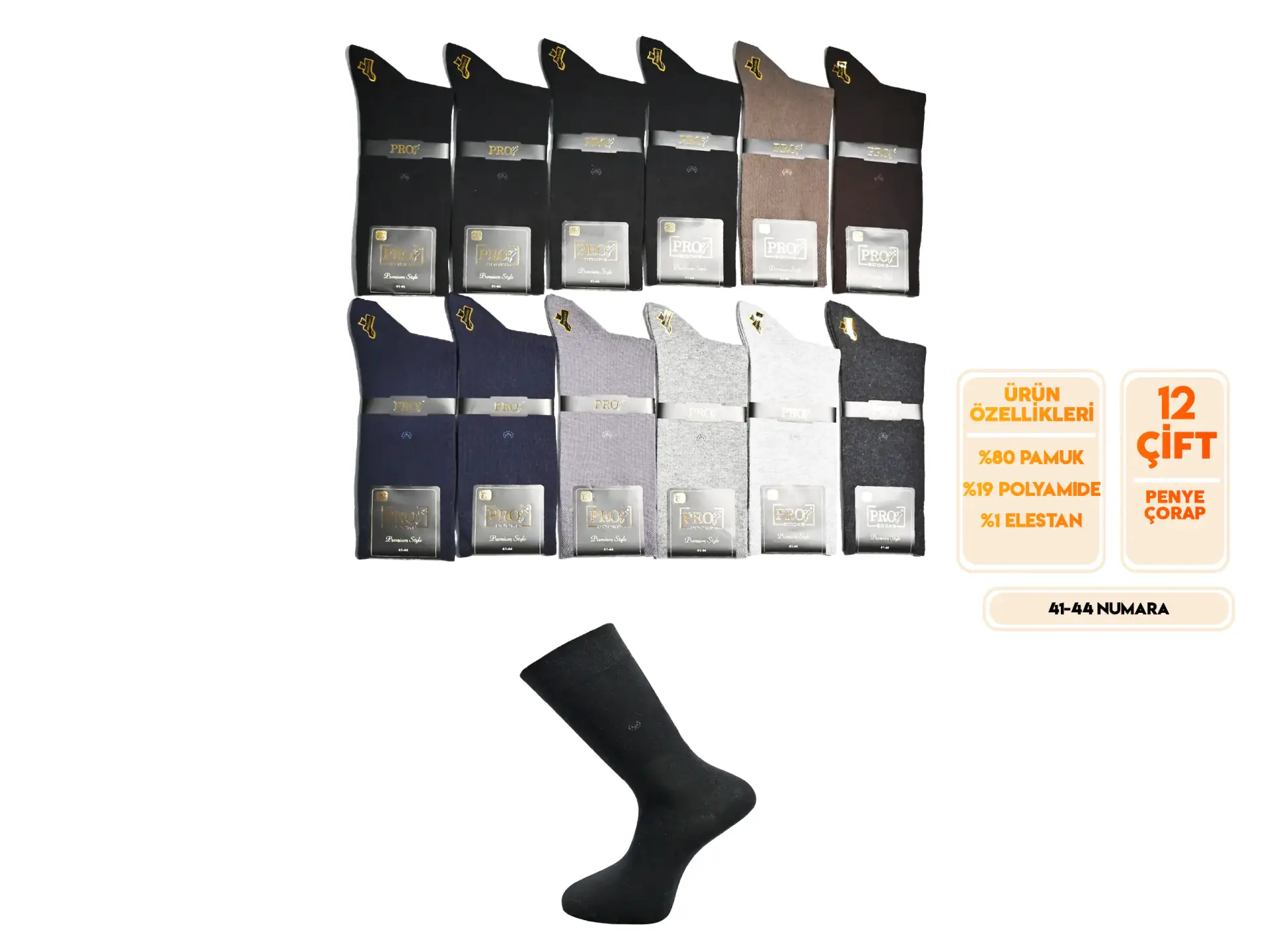 Pro 15664 (41-44) Dikişsiz Penye Erkek Çorap 12'li