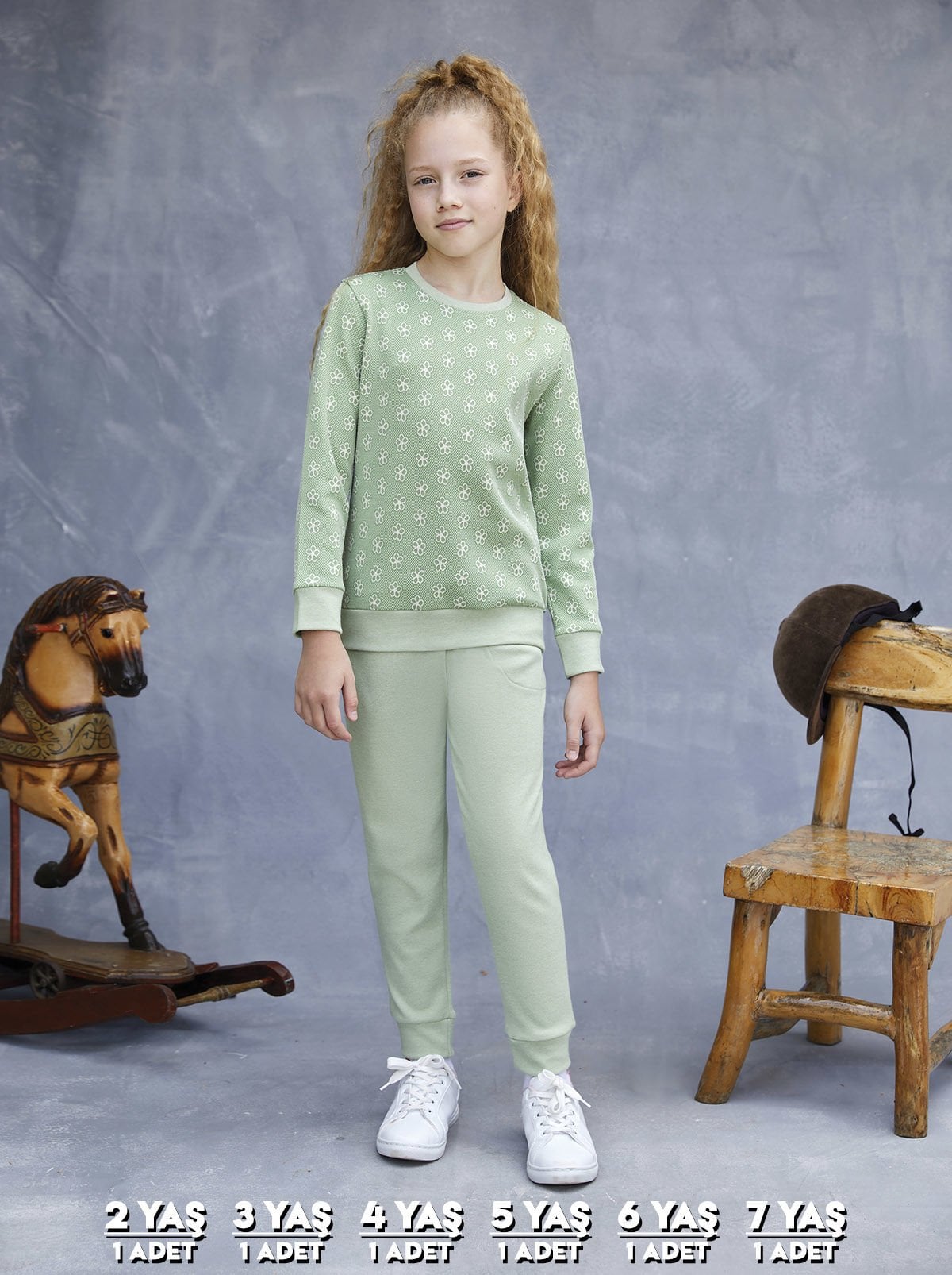 Elsima 3181 Kız Çocuk Uzun Kollu Pijama Takımı 6'lı (2-3-4-5-6-7 Yaş) YEŞİL - SERİ-6-LI